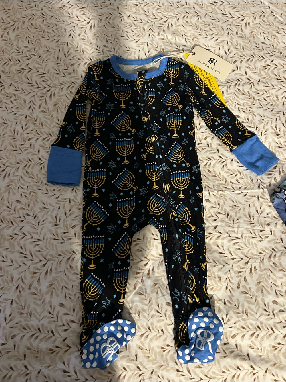 Ruffle Butts Navy & Gold Menorah Footed Pajamas for Kids